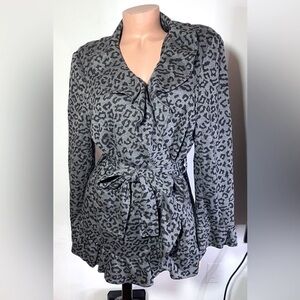 Sandro Studio Gray Leopard Print Wrap Jacket With Ruffled Trim Size XL